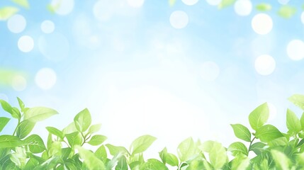Fototapeta premium Bright Green Leaves and Soft Blue Sky Background