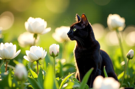 A graceful black cat in a meadow with white flowers on a sunny summer day.