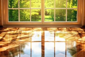 Beautiful hardwood floor reflecting natural light from large windows in a serene indoor setting. Generative AI