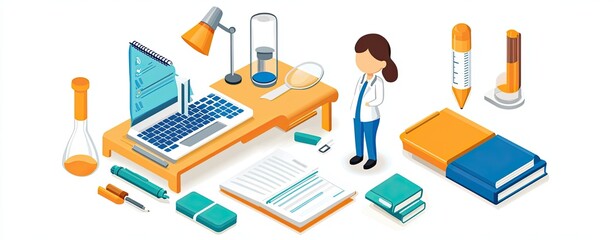 Obraz premium cozy home workspace Scandinavian office Illustration of a scientist at a desk with lab equipment, laptop, books, and stationery for research and study.