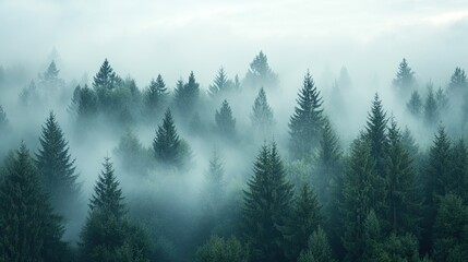Fototapeta premium A foggy morning in an evergreen forest, with mist swirling among the tall pine trees and soft light filtering through.