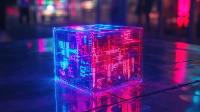 A floating D programming language cube, featuring Python, Java, and C symbols.