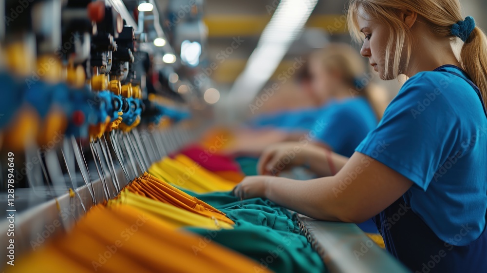 Poster detail of a worker operating machinery in a textile factory with colorful fabrics on a production li