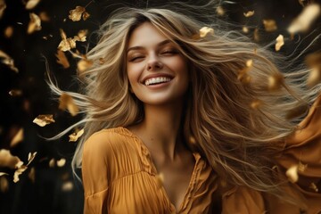 Joyful woman dancing with falling leaves outdoor setting lifestyle photography natural environment close-up perspective