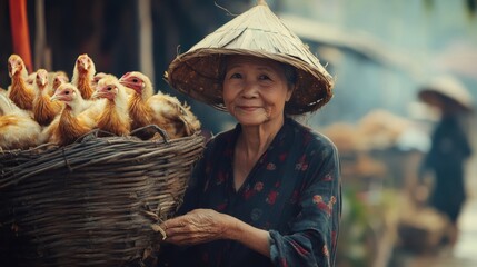 Vietnamese farmer woman holding basket of chickens in market