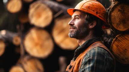 Lumberjack wearing hardhat leaning against pile of logs contemplating work