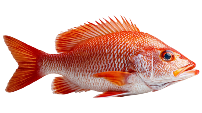 A whole red snapper fish with vibrant, bright red scales isolated on white background. Suitable for marketing or business purposes. PNG file
