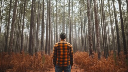 Lumberjack admiring tall pine trees in misty forest during fall season