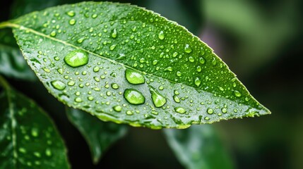 A fresh green leaf with rain droplets perched on its edges, casting reflections on the surface.