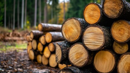 Stacked logs presenting cross section in forest setting