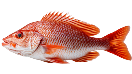 A whole red snapper fish with vibrant, bright red scales isolated on white background. Suitable for marketing or business purposes. PNG file