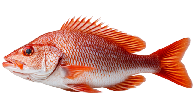A whole red snapper fish with vibrant, bright red scales isolated on white background. Suitable for marketing or business purposes. PNG file