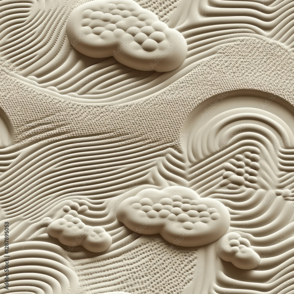 Poster textured clouds floating over layered dunes, minimalist design background