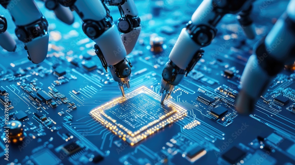 Aufkleber a futuristic image of a d-printed circuit board being assembled by robotic arms.