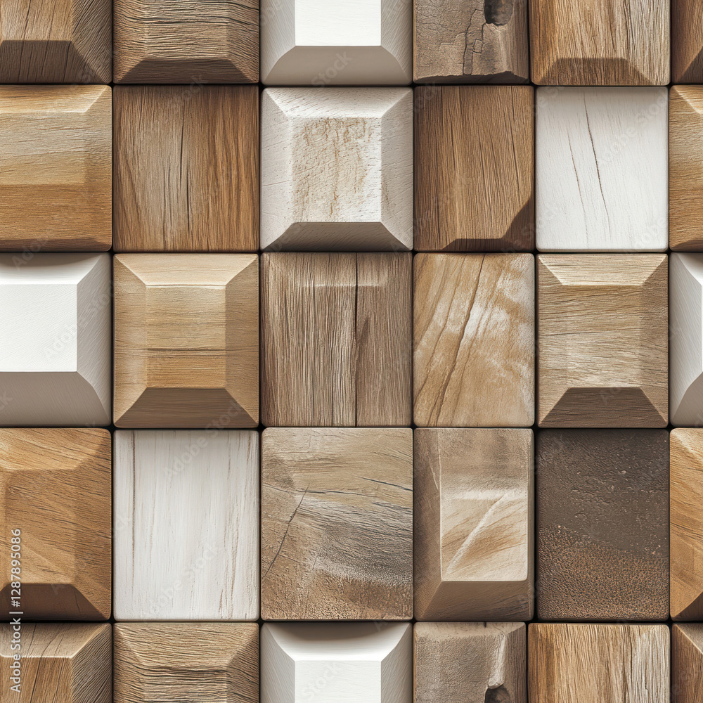 Poster textured cubes display wood and white pattern. abstract design, close-up fills the frame