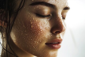 Close-up of serene woman with dewy skin