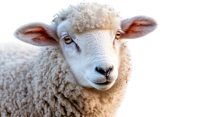 Close-up of a fluffy sheep with bright eyes against a white background showcasing its gentle nature and delicate features