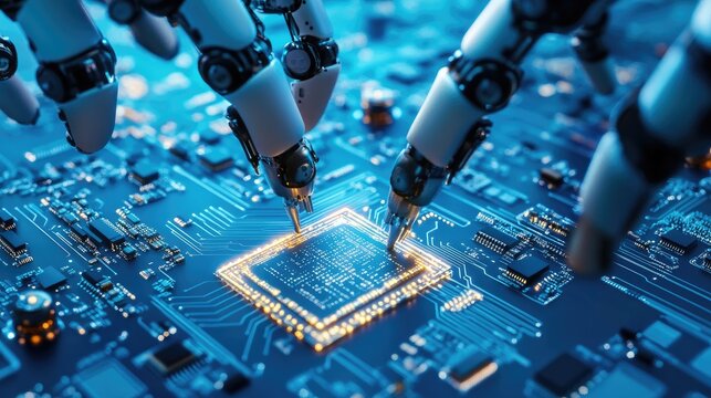 A futuristic image of a D-printed circuit board being assembled by robotic arms.