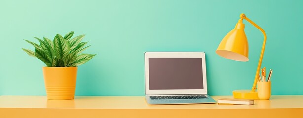 cozy home workspace Scandinavian office A stylish workspace featuring a laptop, lamp, and potted plant against a colorful background, perfect for productivity.