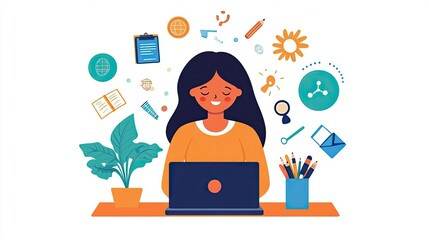 cozy home workspace Scandinavian office A woman working on her laptop surrounded by creative elements and plant, symbolizing productivity and innovation.