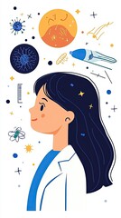 cozy home workspace Scandinavian office A young scientist admires the universe, surrounded by elements of discovery and exploration.