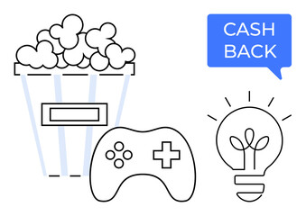 Popcorn bucket, video game controller, lightbulb, and cash back speech bubble emphasize rewards and leisure. Ideal for entertainment, gaming, creative ideas, financial incentives, movie nights