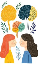 cozy home workspace Scandinavian office Colorful illustration of two girls with brain designs, promoting mental well-being and emotional connection.