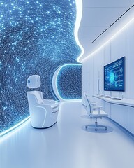 cozy home workspace Scandinavian office Futuristic interior with glowing walls, advanced technology, and sleek furniture in a captivating digital environment.