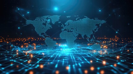 Fototapeta premium A futuristic support center concept with a digital world map and glowing network connection points.