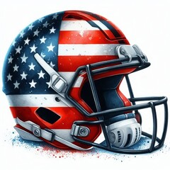American football helmet with USA flag design. Digital watercolor illustration. Symbol of sports, patriotism, competition, and national pride
