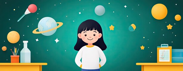 cozy home workspace Scandinavian office A cheerful girl standing in a colorful classroom, surrounded by planets and stars, inspiring creativity and wonder.