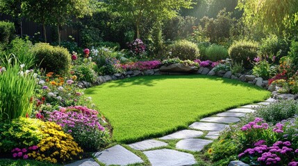 Naklejka premium A garden with a well-maintained lawn, flower borders, and a stone path winding through the plants.