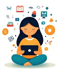 cozy home workspace Scandinavian office A serene woman enjoying digital content while surrounded by icons representing creativity and communication.