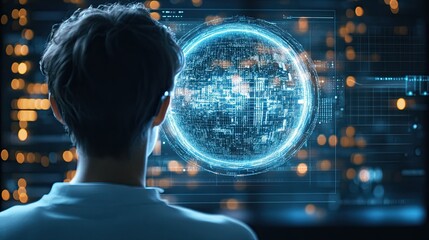 cozy home workspace Scandinavian office A person gazing at a futuristic digital globe, surrounded by glowing data and advanced technology visualization.