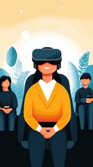 cozy home workspace Scandinavian office A woman using virtual reality technology, surrounded by others, exploring new digital worlds in vibrant colors.