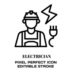 Electrician symbol, featuring an editable stroke outline icon isolated on white background flat vector illustration. Pixel perfect