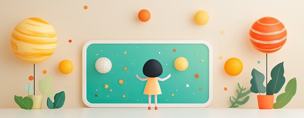 cozy home workspace Scandinavian office A playful scene featuring a child exploring a vibrant, imaginative space with planets and colorful plants.
