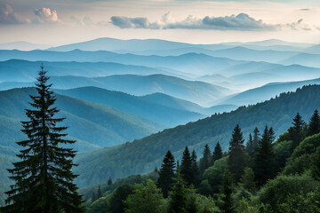 Obraz premium Misty Mountain Landscape: Evergreen Forests & Serene Wilderness Views