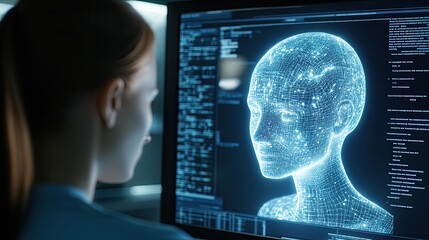 cozy home workspace Scandinavian office A woman observes a holographic human head model on a digital screen, showcasing futuristic technology and AI.