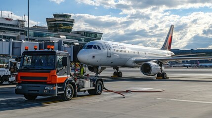 A refueling truck servicing a parked aircraft at the gate