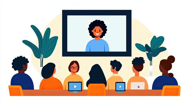 cozy home workspace Scandinavian office A diverse group of individuals engaged in a virtual meeting, focused on a presentation displayed on a large screen.