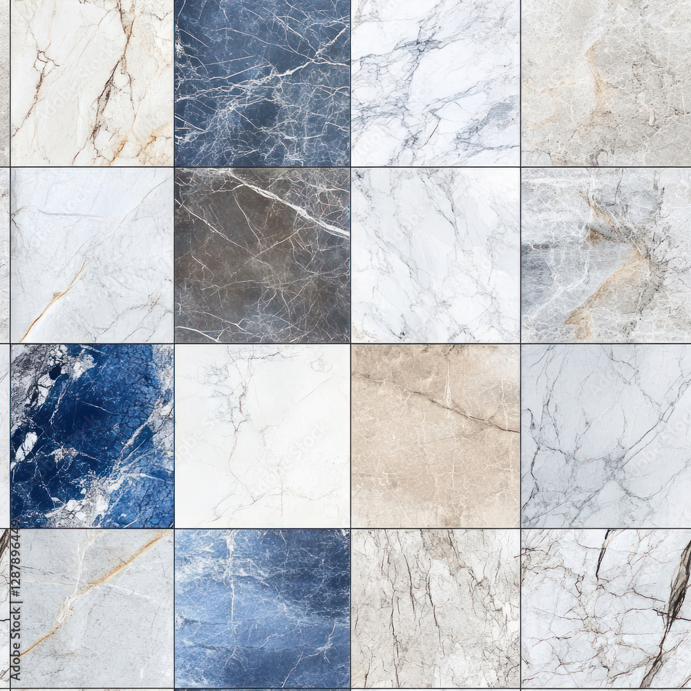 Poster tile surface showing many square marble slabs with vein patterns, neutral stone color and variety
