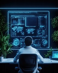 cozy home workspace Scandinavian office A professional analyzing data on a futuristic interface surrounded by greenery, showcasing the blend of nature and technology.