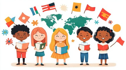 cozy home workspace Scandinavian office Diverse children celebrating global unity with books and flags, emphasizing friendship and learning together.