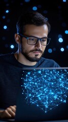 cozy home workspace Scandinavian office Focused young man working on laptop with glowing network connections, symbolizing innovation and digital transformation.