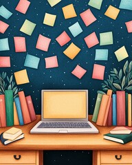 cozy home workspace Scandinavian office A colorful workspace featuring a laptop, books, and sticky notes on a vibrant wall, perfect for creativity.