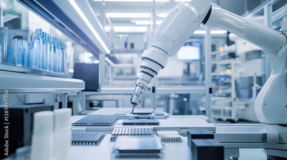 Poster a high-tech robotic arm assembling microchips in a futuristic manufacturing setting.