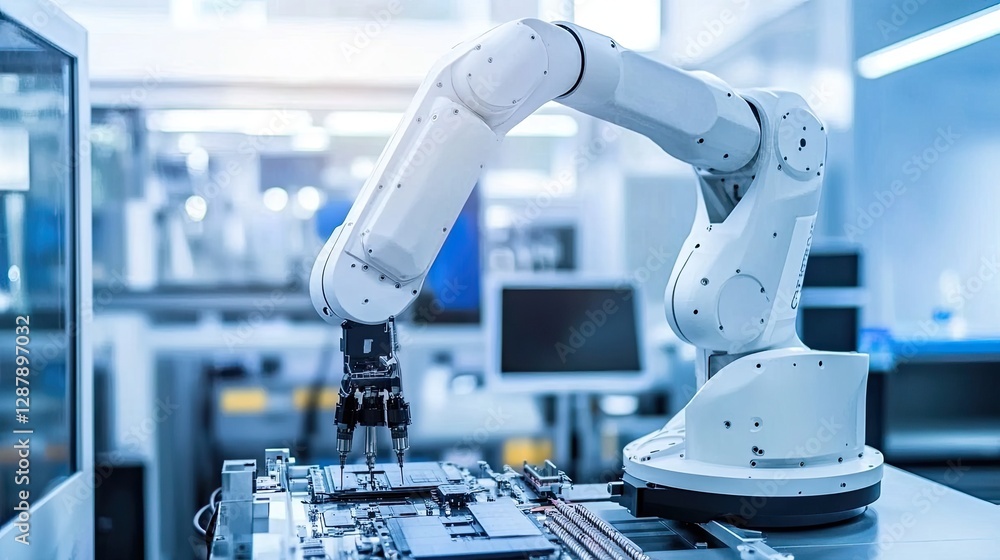 Poster a high-tech robotic arm assembling microchips in a futuristic manufacturing setting.