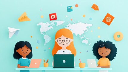 cozy home workspace Scandinavian office Three diverse women collaborate on a laptop, surrounded by colorful icons representing remote work and global connections.