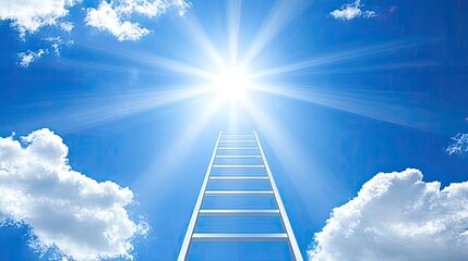 Fototapeta premium A ladder leading to an open sky with bright light, symbolizing climbing toward success.